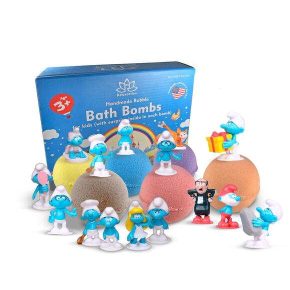 6 Bath Bombs with Smurfs Toys Inside for Kids – Natural & Safe Bombs - Picture 1 of 5